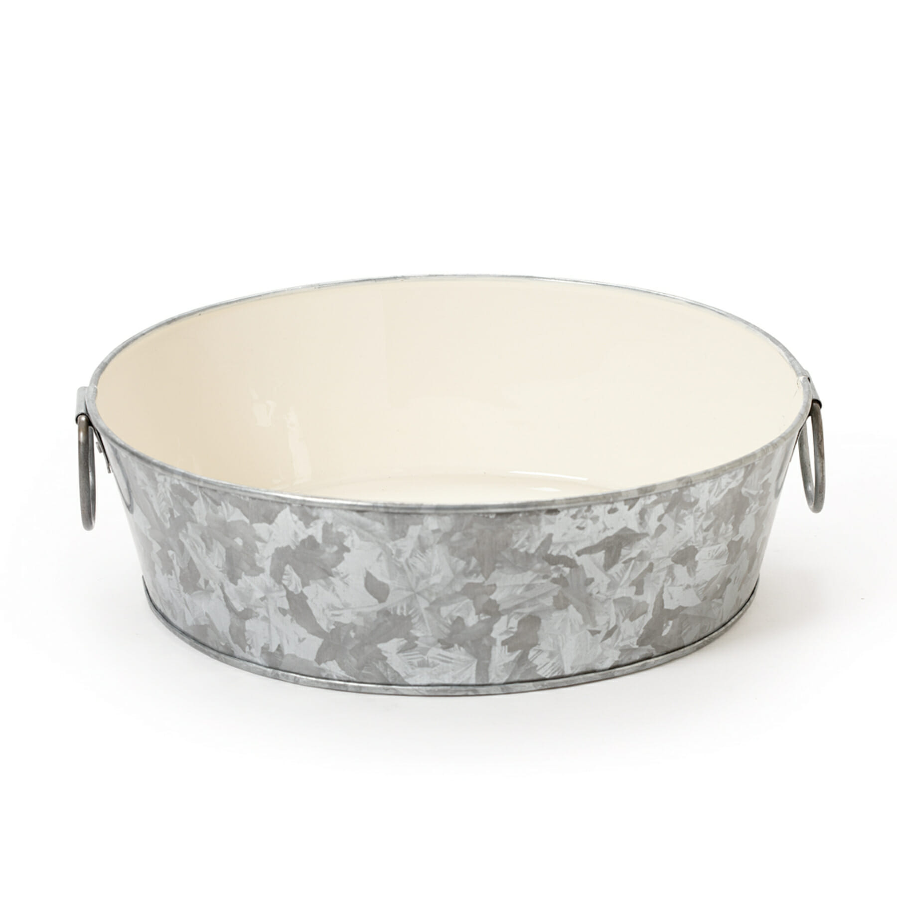10.5" Dia. Round Galvanized Tray  with Ivory Powder Coated Interior (13.5" with Handles), 3" deep