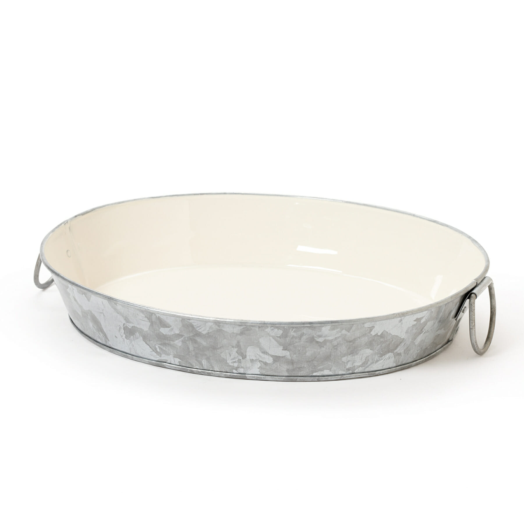 11.75" x 8" Oval Galvanized Tray with Ivory Powder Coated Interior (15.5" with Handles), 1.8" deep